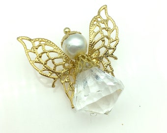 Vintage Gold Tone & Crystal Angel Brooch