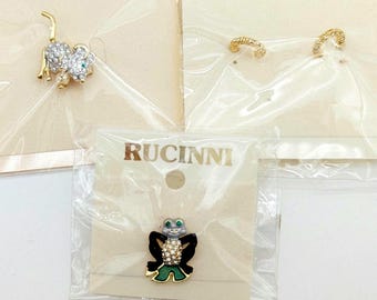 Pave Rhinestone Mouse and Frog Brooches & Hoop Earrings by Rucinni