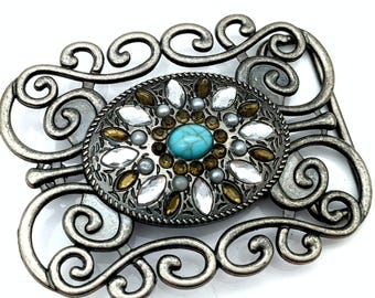 Vintage Gunmetal Gray, Faux Turquoise & Rhinestone Ladies Belt Buckle