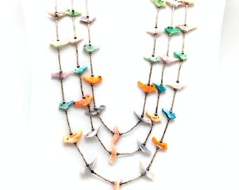 Vintage Liquid Sterling Silver Bead & Mother of Pearl Bird Fetish Triple Strand Necklace - 23"