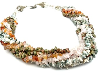 Vintage Quartz & Agate Chips Bead Multi Strand Necklace