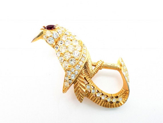 Hattie Carnegie Gold Plated Rhinestone Bird Brooc… - image 1