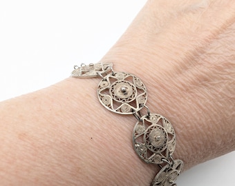 Vintage Mexico Silver Filigree Circle Link Bracelet - 7.5"