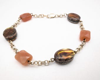 Vintage Orange Quartzite, Mother of Pearl & Sterling Silver Link Bracelet - 7"