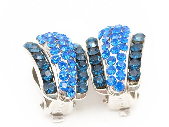 Vintage Blue-Green Rhinestone Clip on Stud Earrin… - image 9