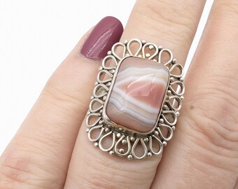 Pink Banded Agate & Sterling Silver Vintage Ring - Size 7.25