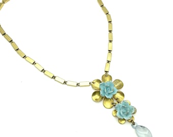Blue Porcelain Rose Flower & Brass Pendant Necklace