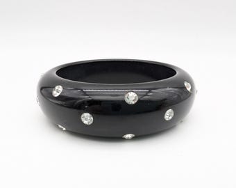 Vintage Crystal Studded Black Lucite Wide Bangle Bracelet