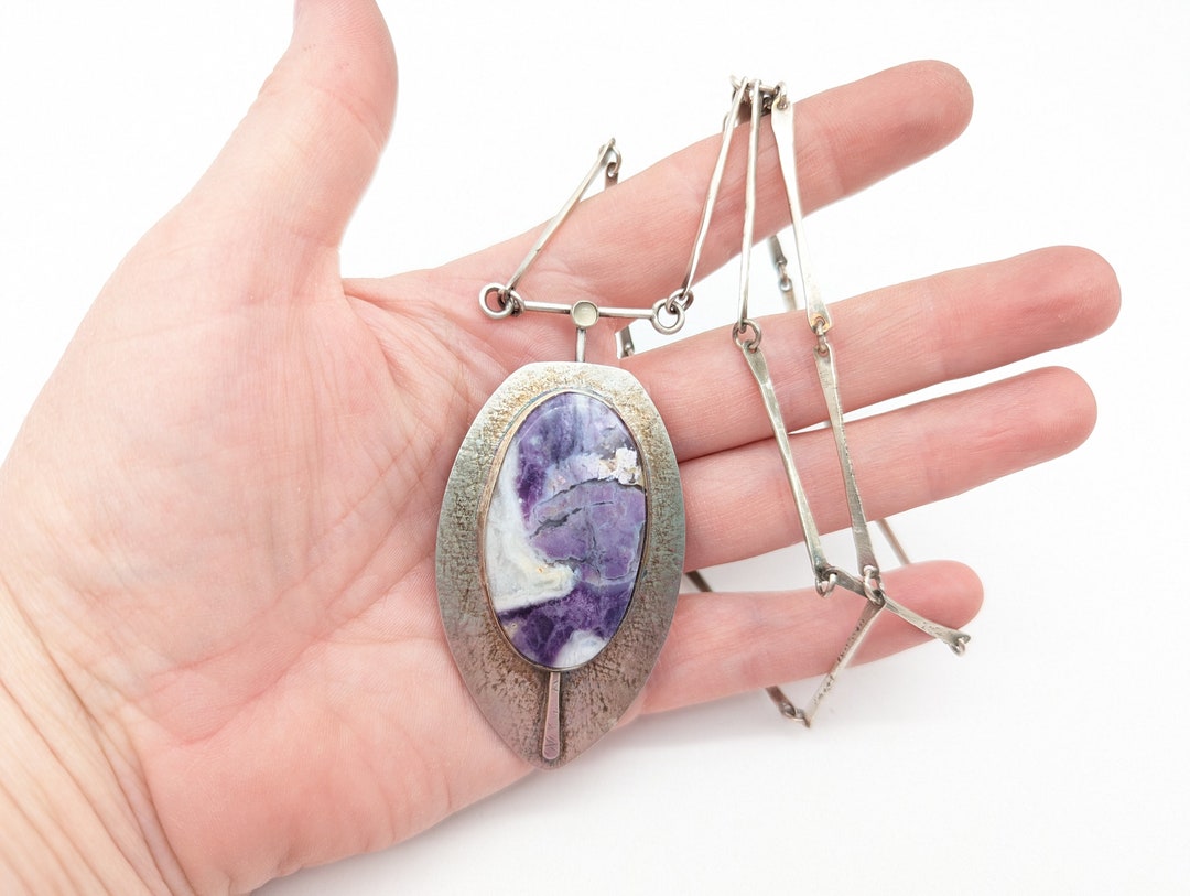 Large Vintage Tiffany Stone Oxidized Sterling Silver Pendant Necklace