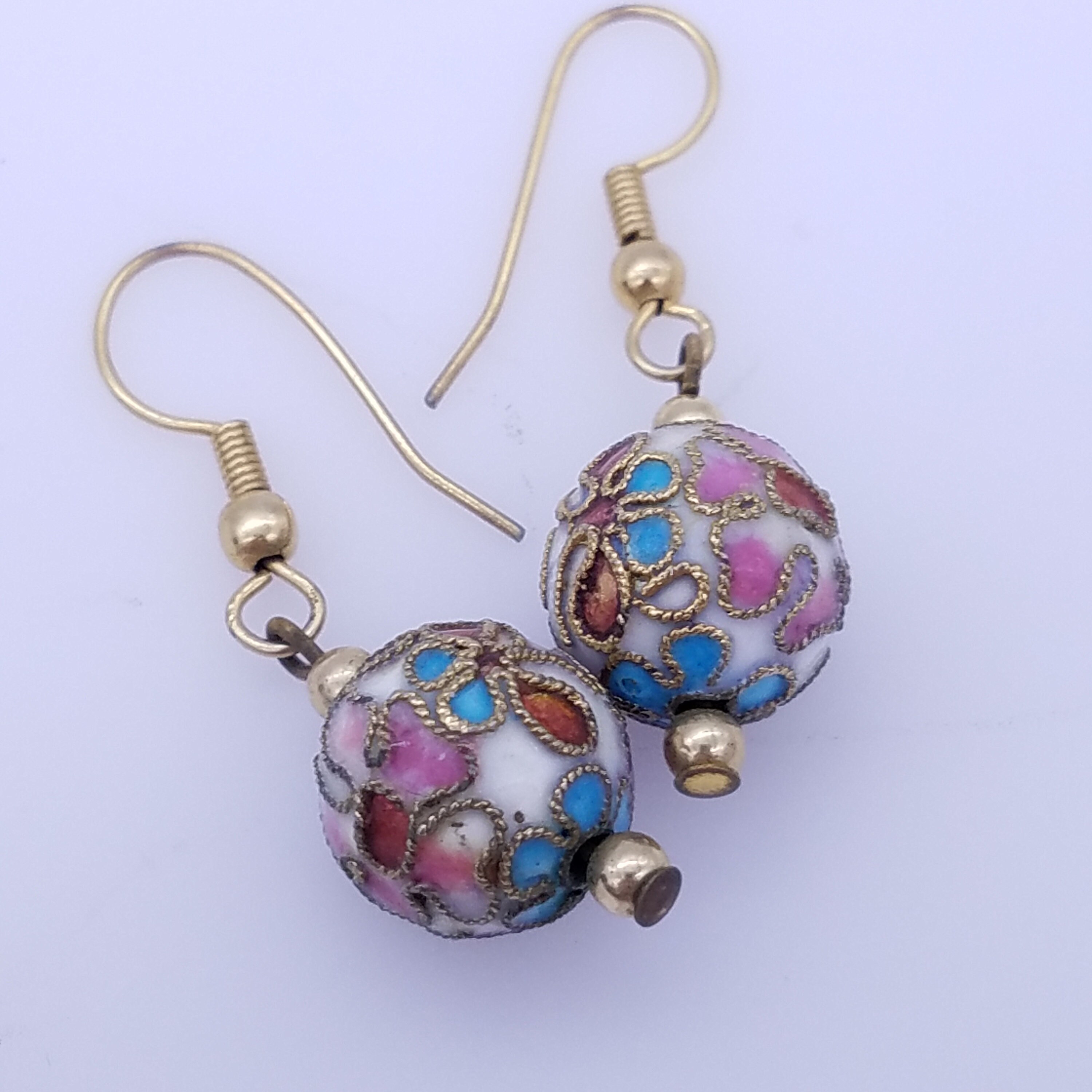 Cloisonne Enamel Bead Dangle Earrings in White Pink Blue and Etsy