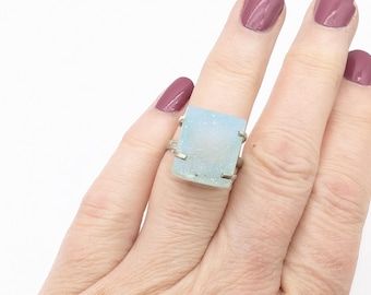 Vintage Sterling Silver & Aquamarine Druzy Ring - Size 7.25