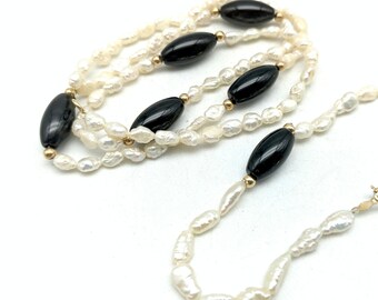 Vintage Rice Pearl, Black Onyx and 14k Gold Beaded Necklace & Bracelet Set