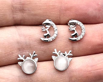 Sterling Silver Reindeer & Moon CZ Stud Earrings, Matched or Mismatched