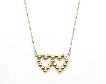 Vintage Gold Over Sterling Silver & CZ Double Heart Pendant Necklace - 16-17.5", Adjustable