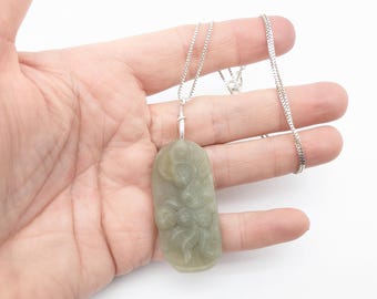 Carved Jade & Sterling Silver Chinese Floral Pendant Necklace - 20"