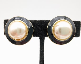 Black and Gold Enamel Faux Pearl Clip on Circle Earrings - Marks & Spencer