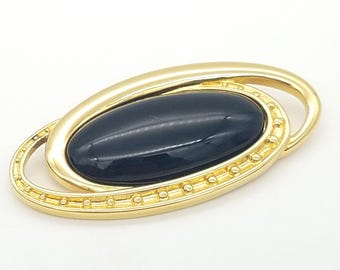 Signed Monet Gold Tone & Black Enamel Large Oval Brooch