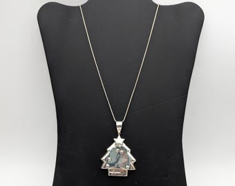 Vintage Sterling Silver Puffed Christmas Tree Pendant Necklace - 33"