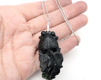 Carved Obsidian Jade Goldfish & Sterling Silver Pendant Necklace - 20"