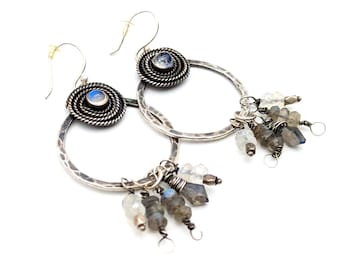 Vintage Artisan Moonstone, Labradorite & Sterling Silver Dangle Earrings