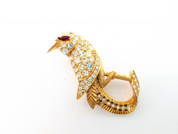 Hattie Carnegie Gold Plated Rhinestone Bird Brooc… - image 3