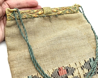 Antique Flower & Vine Celluloid Spring-Loaded Hinged Frame Woven Purse