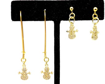 18K Gold Vermeil Sterling Silver CZ Snowman Earrings, Holiday Jewelry