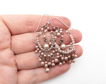 Vintage Sterling Silver & Pink Faux Pearl Chandelier Dangle Earrings