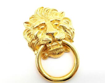 1980s Kenneth J. Lane Gilded Lion Doorknocker Brooch