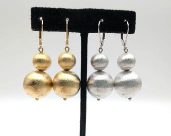 Vintage Brushed Gold or Silver Plated Beaded Dangle Earrings - 2"