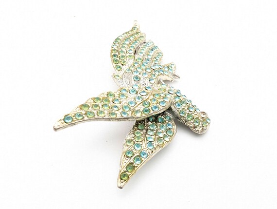 Large 1930s Blue & Green Rhinestone Bird Brooch -… - image 4