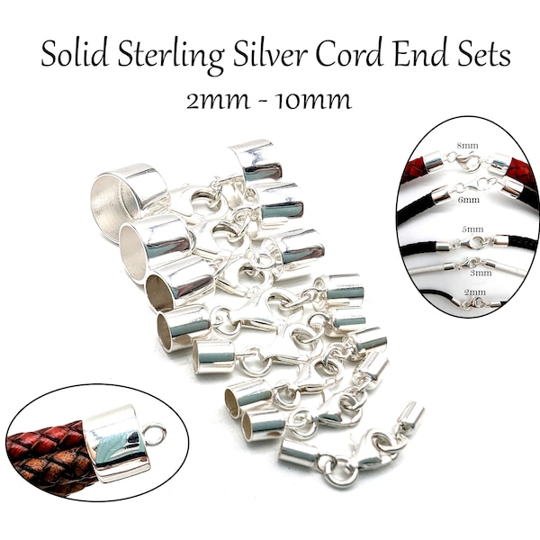 Solid Sterling Silver Cord End Cap Sets: 2mm, 2.5mm, 3mm, 3.5mm 4mm, 4.5mm, 5mm, 6mm 8mm, 10mm Internal Diameter For Leather & Other Cords