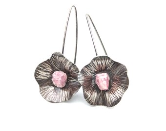 Artisan Made Oxidized Sterling Silver & Rose Quartz Flower Dangle Earrings