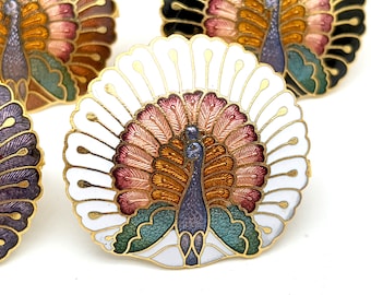 Old Stock Cloisonné Peacock Gold Tone Scarf Clip