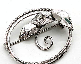 Vintage CC Sterling Silver Floral Oval Brooch - 1.25"
