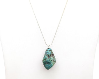 Vintage Sterling Silver & Turquoise Nugget Pendant Necklace - 26"