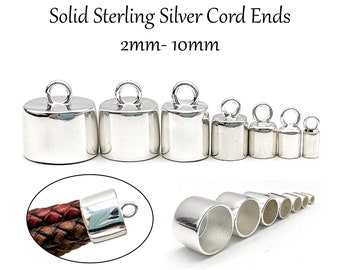 Solid Sterling Silver Cord End Caps: 2mm, 2.5mm, 3mm, 3.5mm 4mm, 4.5mm, 5mm, 6mm, 8mm, 10mm Internal Diameter For Leather & Other Cords