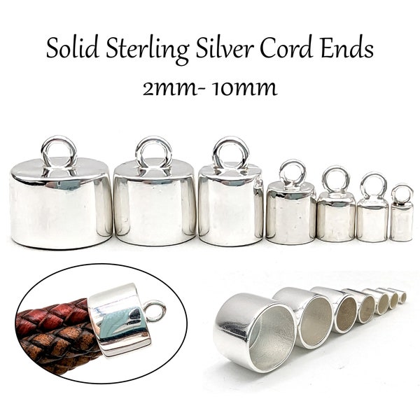 Solid Sterling Silver Cord End Caps: 2mm, 2.5mm, 3mm, 3.5mm 4mm, 4.5mm, 5mm, 6mm, 8mm, 10mm Internal Diameter For Leather & Other Cords