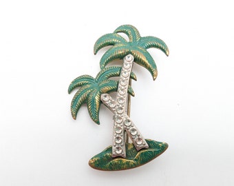 Vintage Green Enamel & Rhinestone Palm Trees Brooch - 1.5"