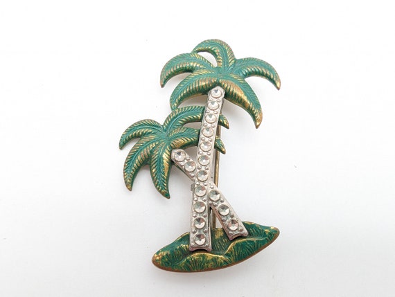 Green Enamel & Rhinestone Palm Trees Brooch - 1.5