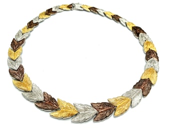 Vintage Tri-Color Fall Leaves Link Necklace - 17"