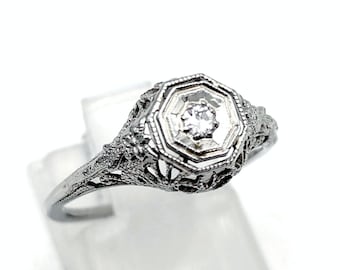 Antique 18k White Gold Filigree Old European Cut Diamond Engagement Ring - Size 6