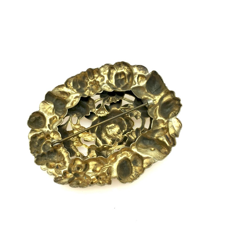 Antique Floral Pressed Brass Brooch