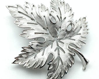 Crown Trifari Leaf Brooch, Dual Textured Silver Tone