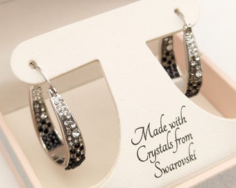 Old Stock Silver Plated Black Swarovski Crystal Hoop Earrings - New in Box