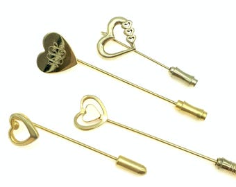 Four Vintage Gold Heart Stick Pins: Open Hearts, Double Heart & Engraved Styles