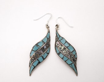 Vintage Sterling Silver, Abalone and Turquoise Inlay Dangle Earrings Made in Mexico - 2.5"