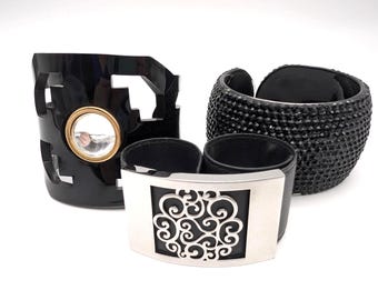 Set of 3 Vintage Black Cuff Bracelets