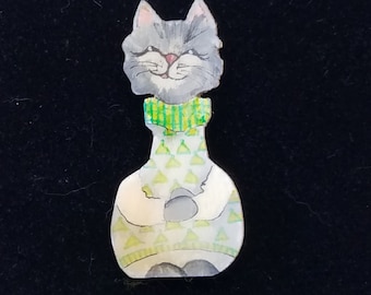 Vintage Hand Painted  Carved Wood Cat Brooch