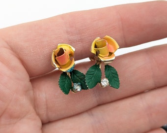 Vintage Enamel Yellow Rose Screw Back Earrings